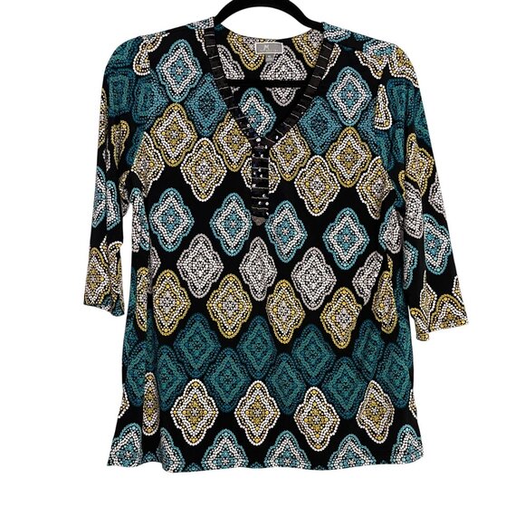 JM Collection Women's Geometric Print Top XLarge teal yellow black white - Picture 1 of 5